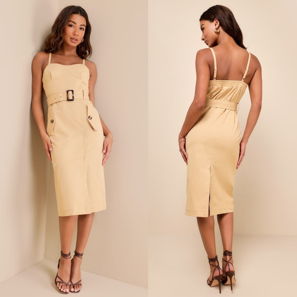 NEW STEVE MADDEN Lulus ADLEY Tan BELTED Trench BUSTIER Buckle MIDI DRESS US 2